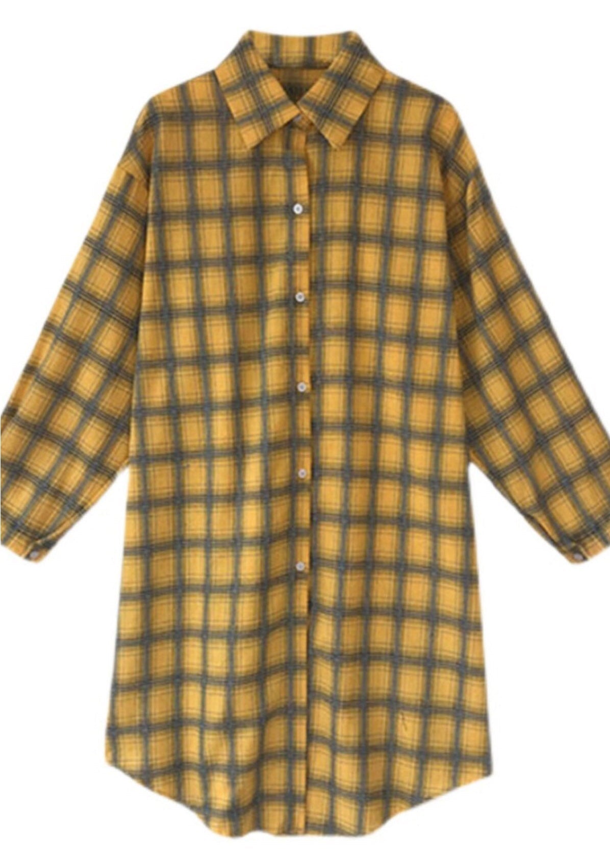 Casual Yellow Peter Pan Collar Plaid Button Long Shirt Spring