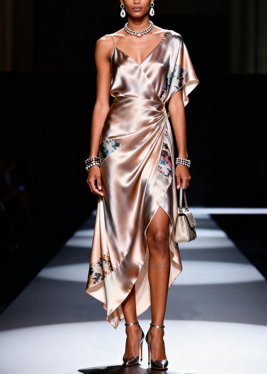 Chic Apricot Asymmetrical Patchwork Silk Sundress Summer