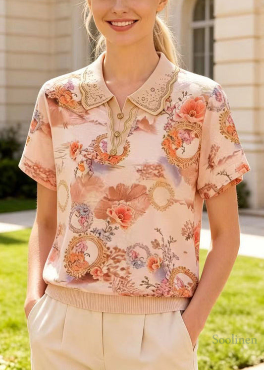 Chic Apricot Peter Pan Collar Print Cotton Shirts Summer