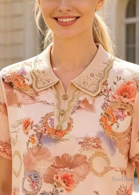 Chic Apricot Peter Pan Collar Print Cotton Shirts Summer