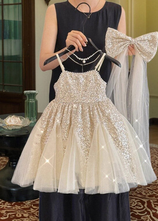 Chic Apricot Sequins Patchwork Bow Tulle Girls Maxi Dress Summer