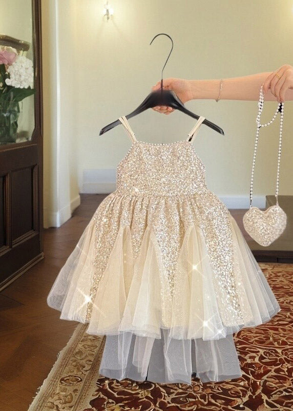 Chic Apricot Sequins Patchwork Bow Tulle Girls Maxi Dress Summer