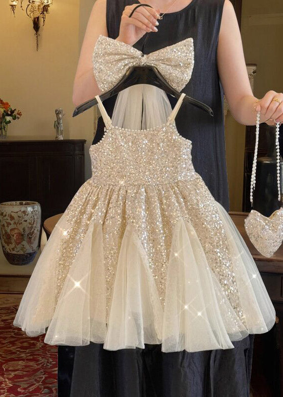 Chic Apricot Sequins Patchwork Bow Tulle Girls Maxi Dress Summer