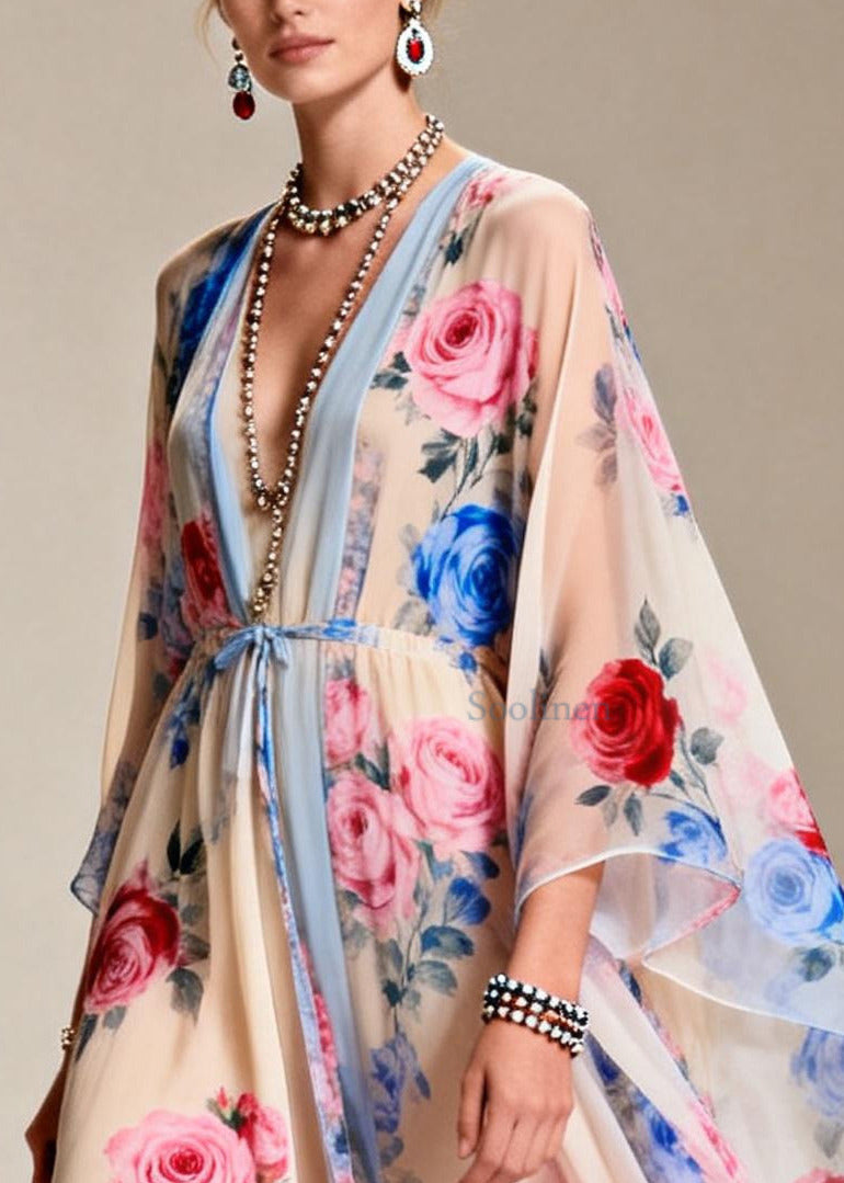 Chic Apricot Tie Waist Print Chiffon Party Dress Summer
