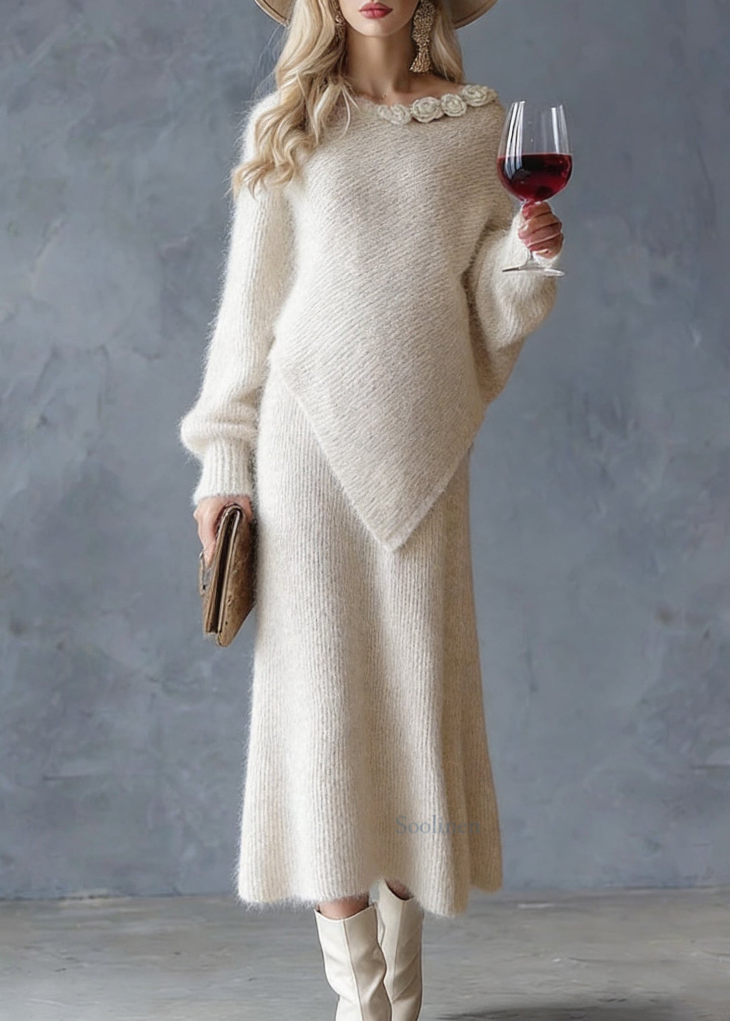 Chic Beige Asymmetrical Floral Cotton Knit Sweaters And Maxi Skirts Two Pieces Set Spring