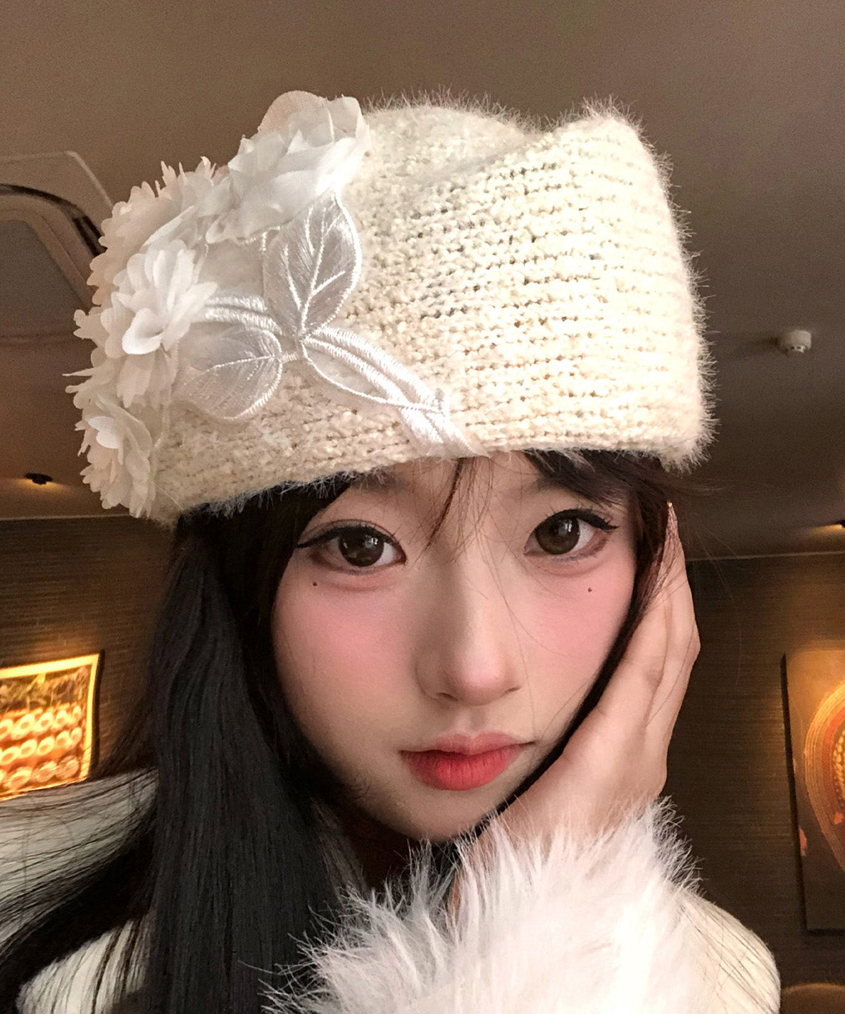 Chic Beige Floral Embroideried Knit Beret Hat
