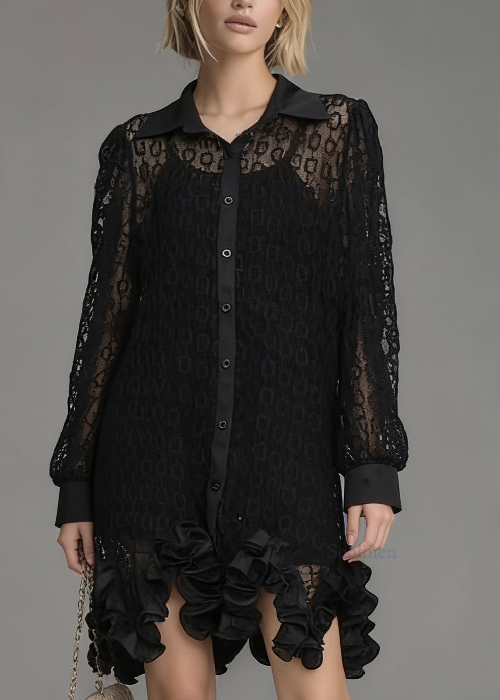 Chic Black Peter Pan Collar Hollow Out Floral Lace Shirt Tops Spring