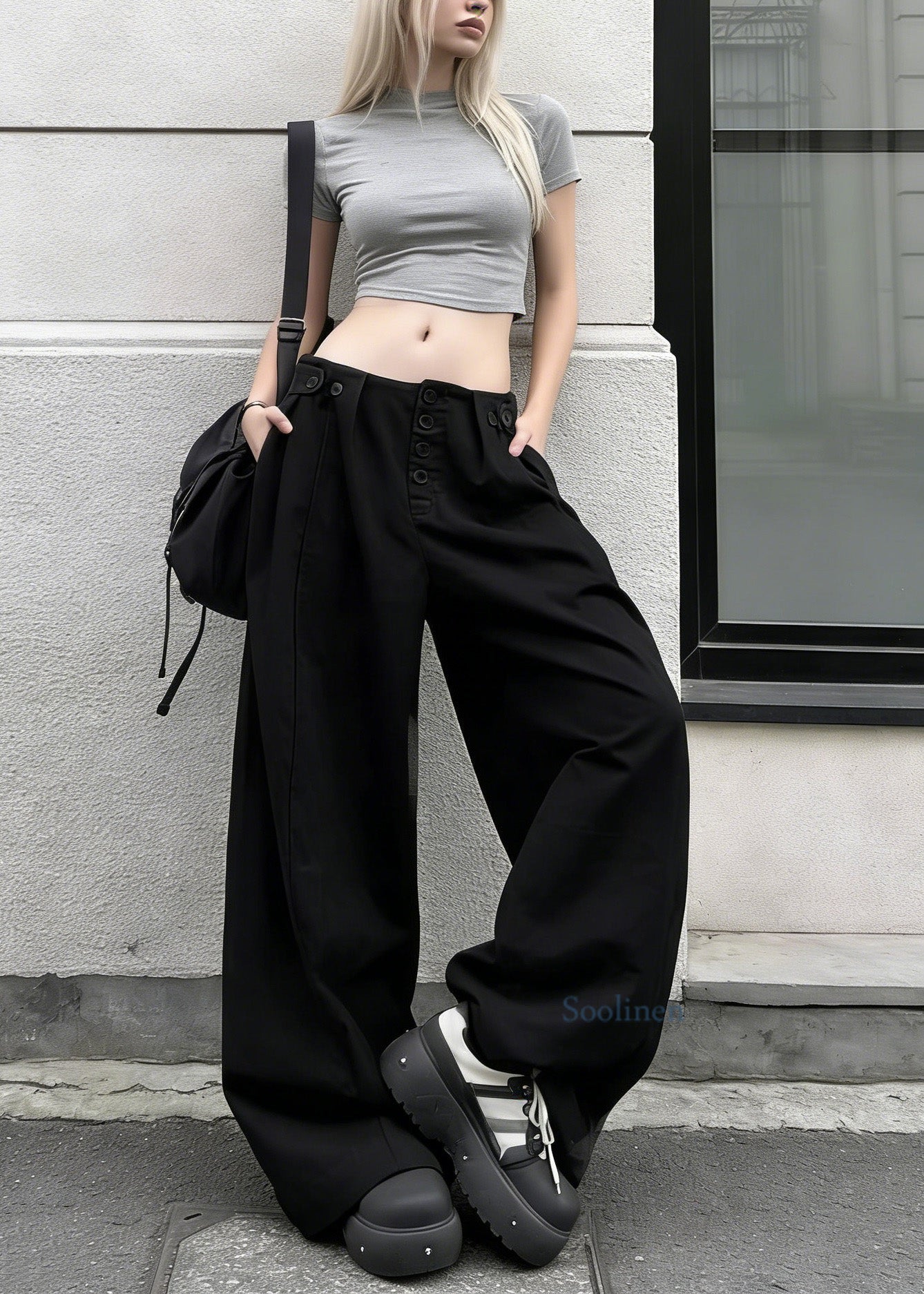 Chic Black Pockets Button Cotton Wide Leg Pants Spring
