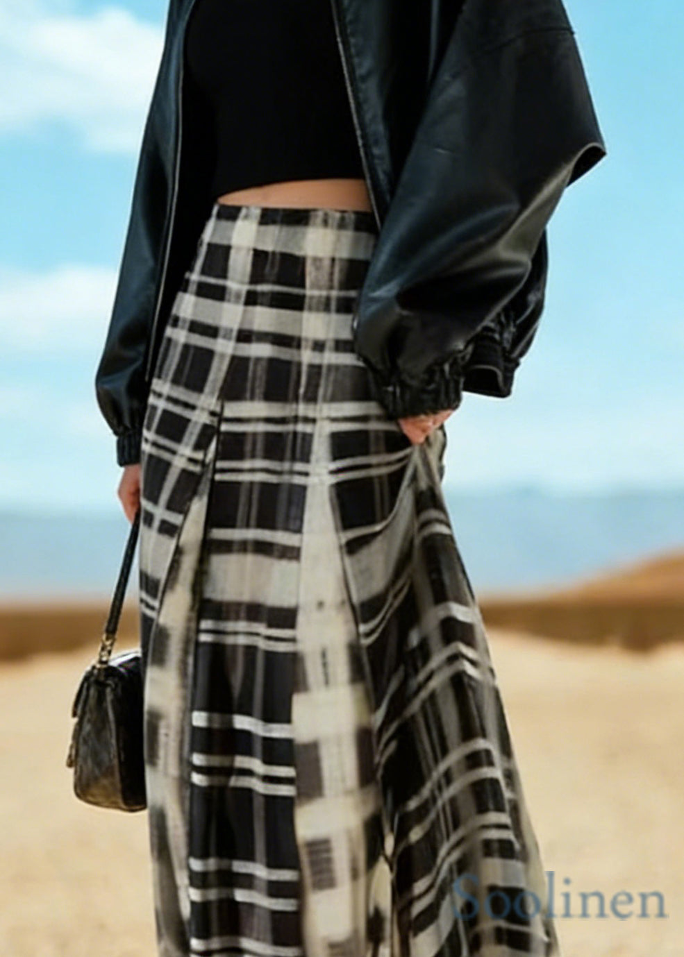 Chic Black White Plaid A Line Skirt Spring