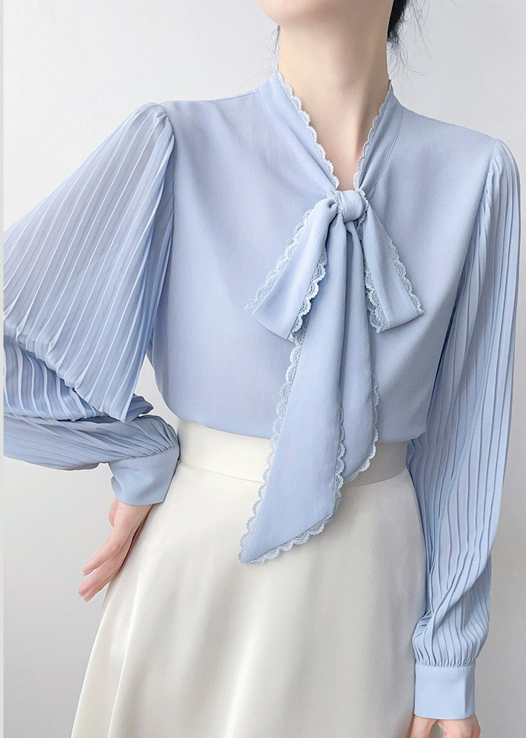 Chic Blue Bow Draping Chiffon Pleated Shirts Spring
