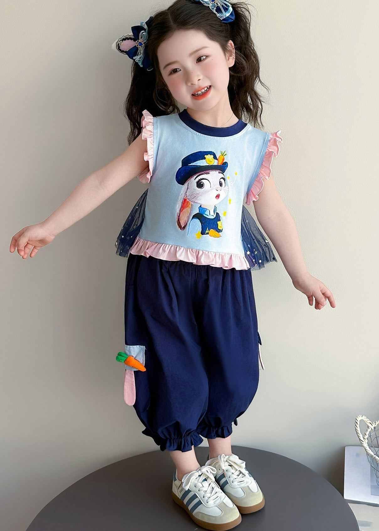 Chic Blue Cartoon Print Ruffled Girls Vest And Crop Pants Two Piece Set Summer