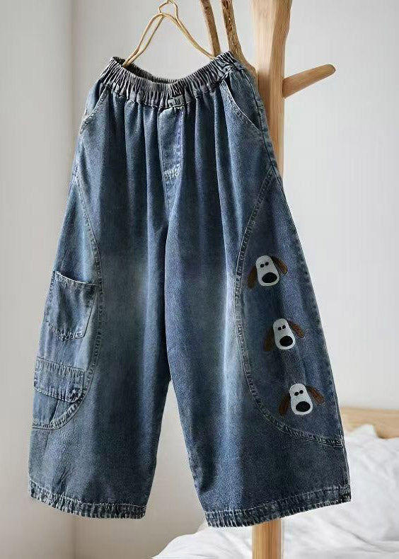 Chic Blue Elastic Waist Pockets Print Crop Jeans