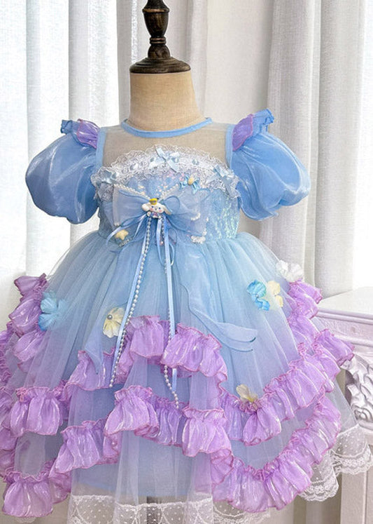 Chic Blue O-Neck Floral Patchwork Tulle Girls Maxi Dress Summer