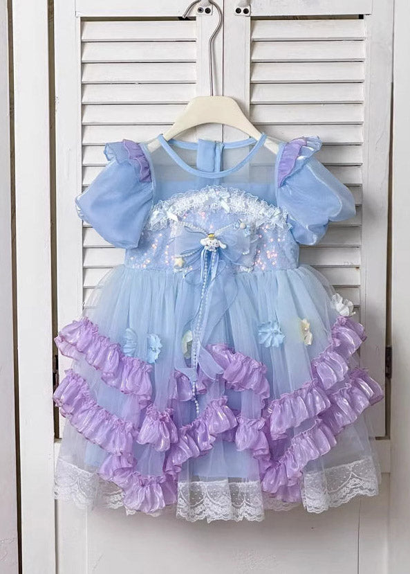 Chic Blue O-Neck Floral Patchwork Tulle Girls Maxi Dress Summer