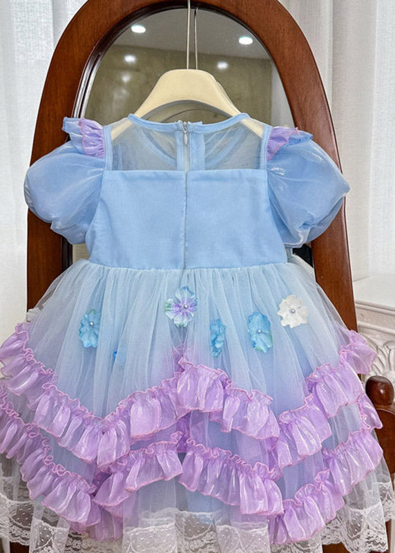 Chic Blue O-Neck Floral Patchwork Tulle Girls Maxi Dress Summer