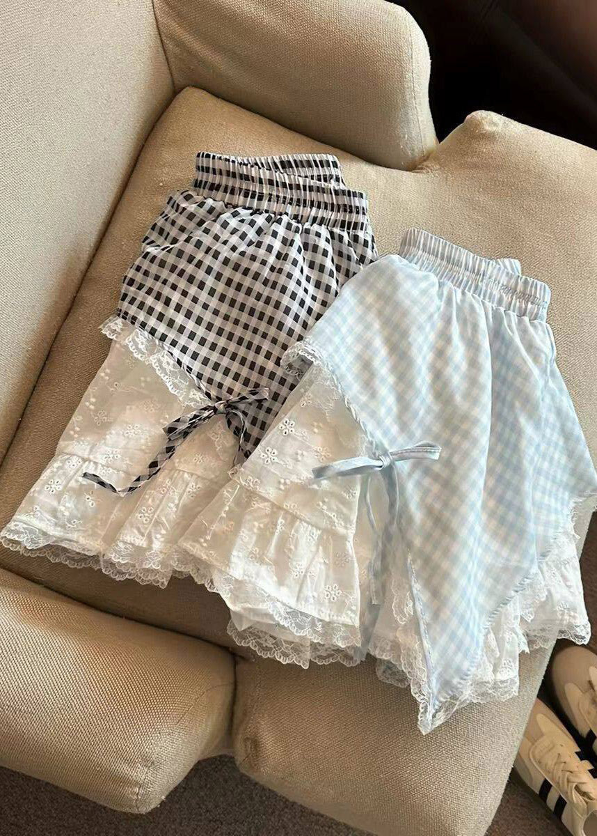 Chic Blue Plaid Lace Patchwork Tie Waist Girls Skirts Summer