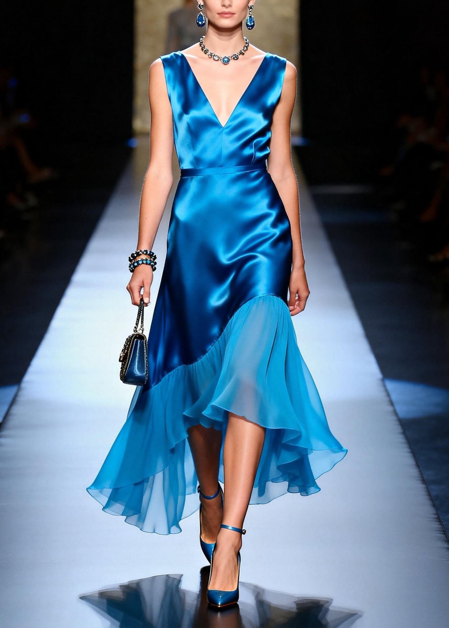 Chic Blue V Neck Asymmetrical Patchwork Silk Dress Sleeveless