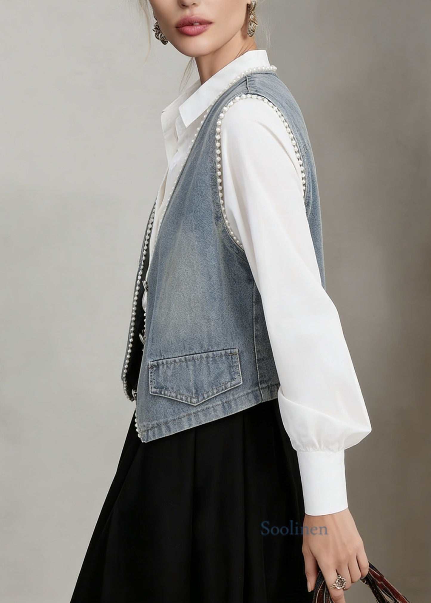 Chic Blue V Neck Pearl Edge Patchwork Denim Vest Sleeveless