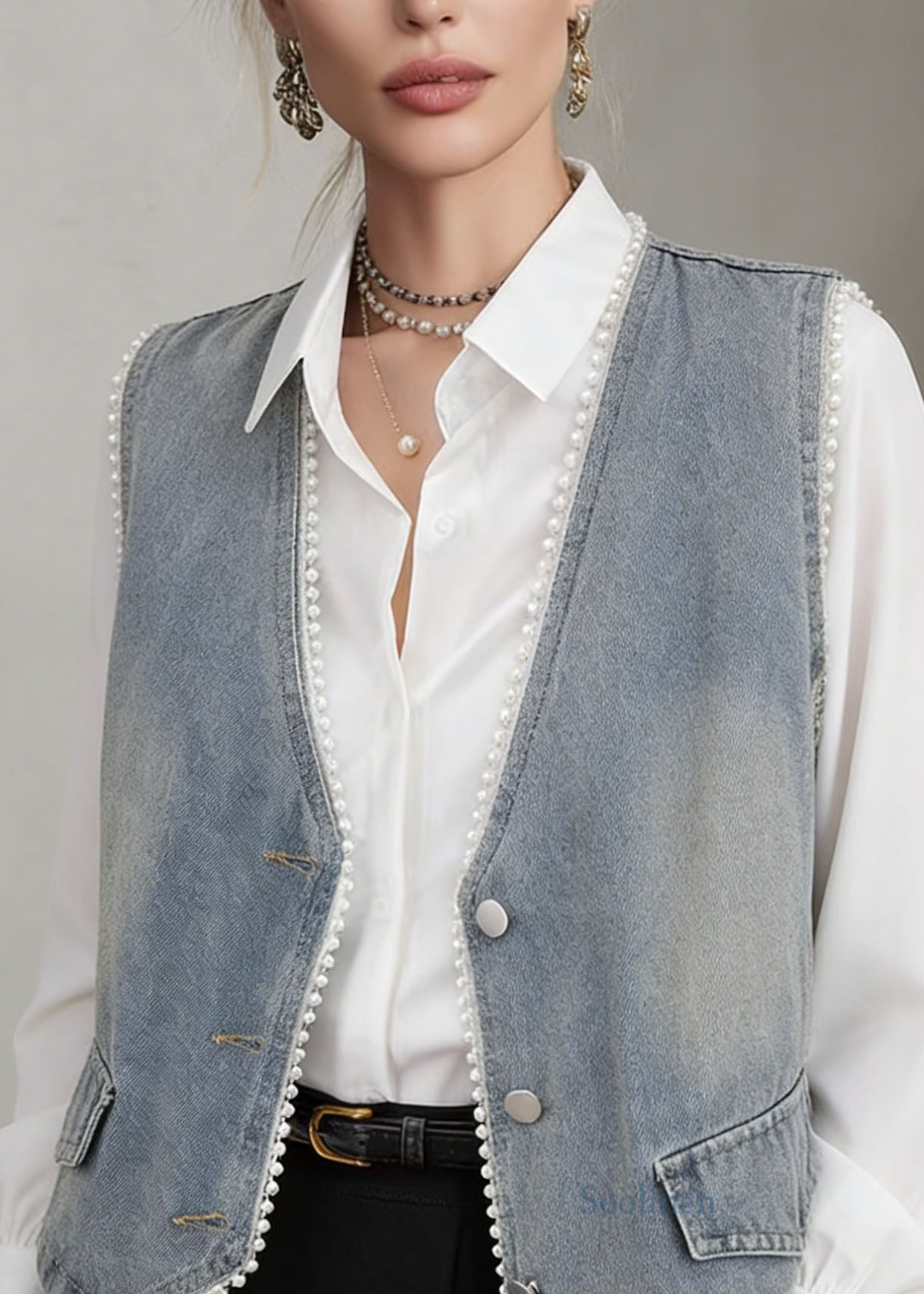 Chic Blue V Neck Pearl Edge Patchwork Denim Vest Sleeveless