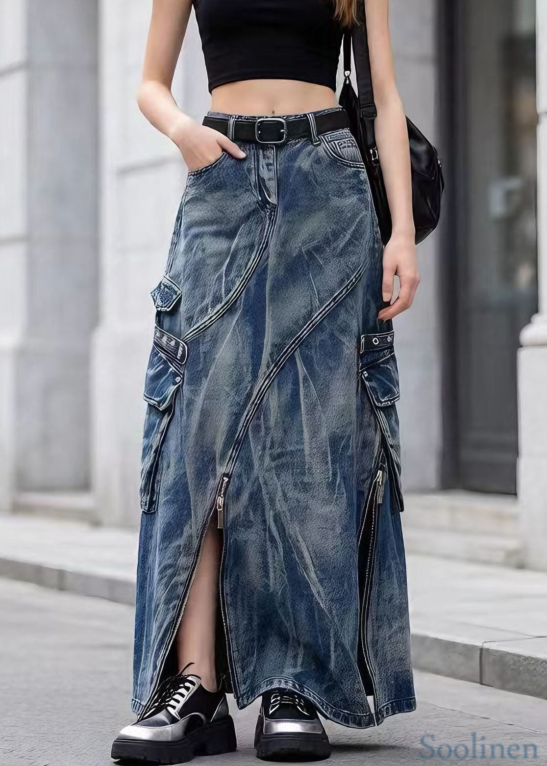 Chic Blue Zip Up Pockets Tie Dye Denim Skirts Spring