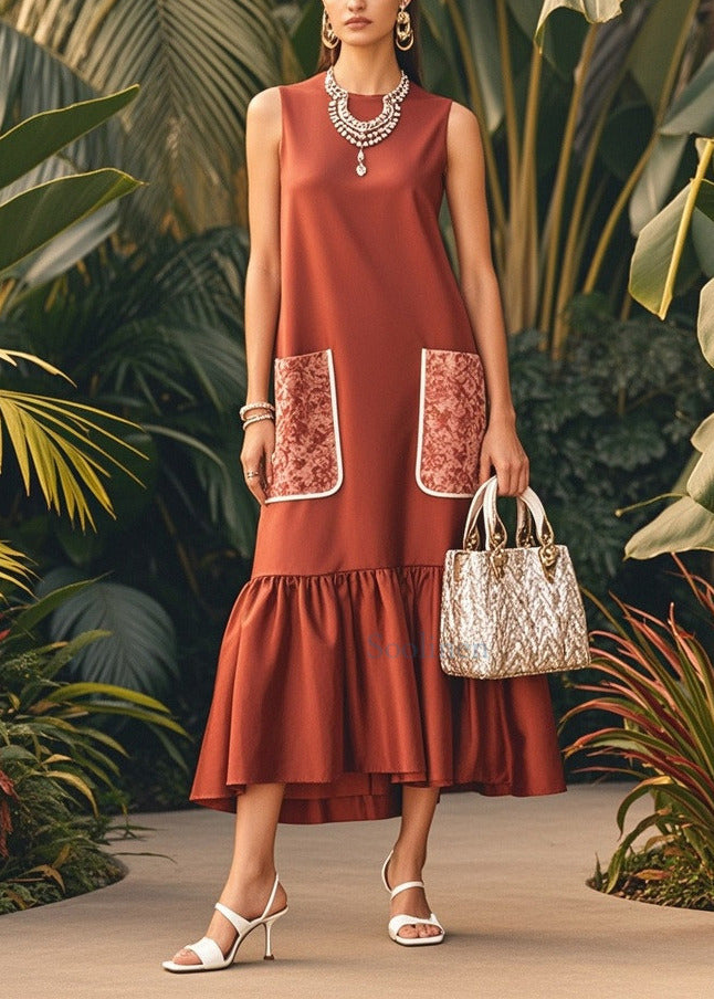 Chic Brown O-Neck Patchwork Pockets Silk Maxi Dress Sleeveless