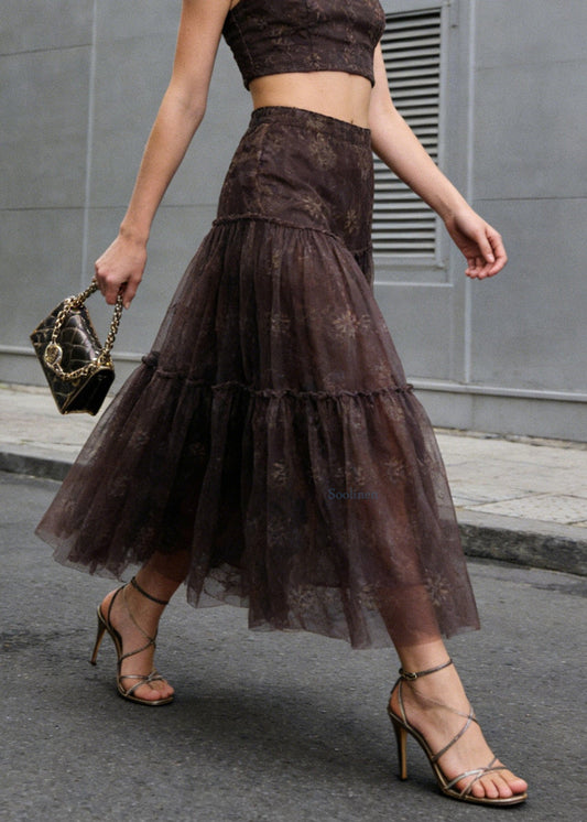 Chic Brown Wrinkled Patchwork Tulle Skirts Summer