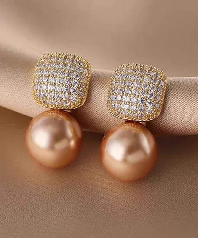 Chic Champagne Copper Overgild Zircon Pearl Stud Earrings