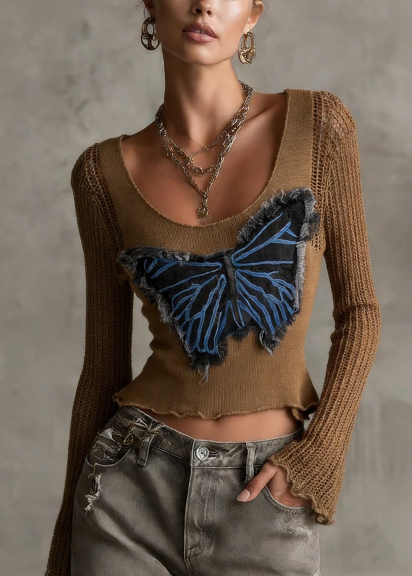 Chic Coffee Butterfly Patch Hollow Out Knit Top Flare Sleeve