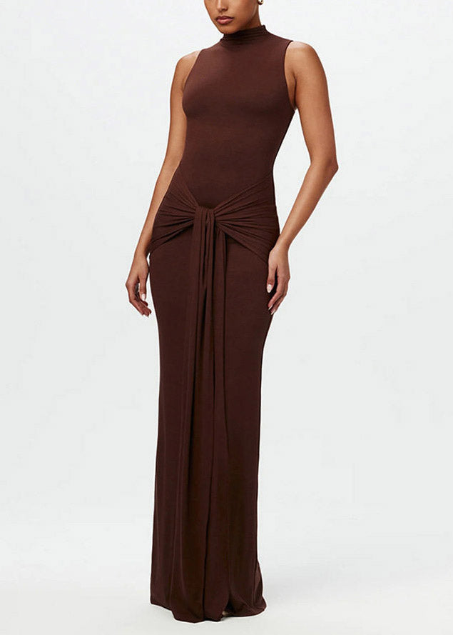 Chic Coffee Stand Collar Tie Waist Flattering Solid Robe Dresses Sleeveless