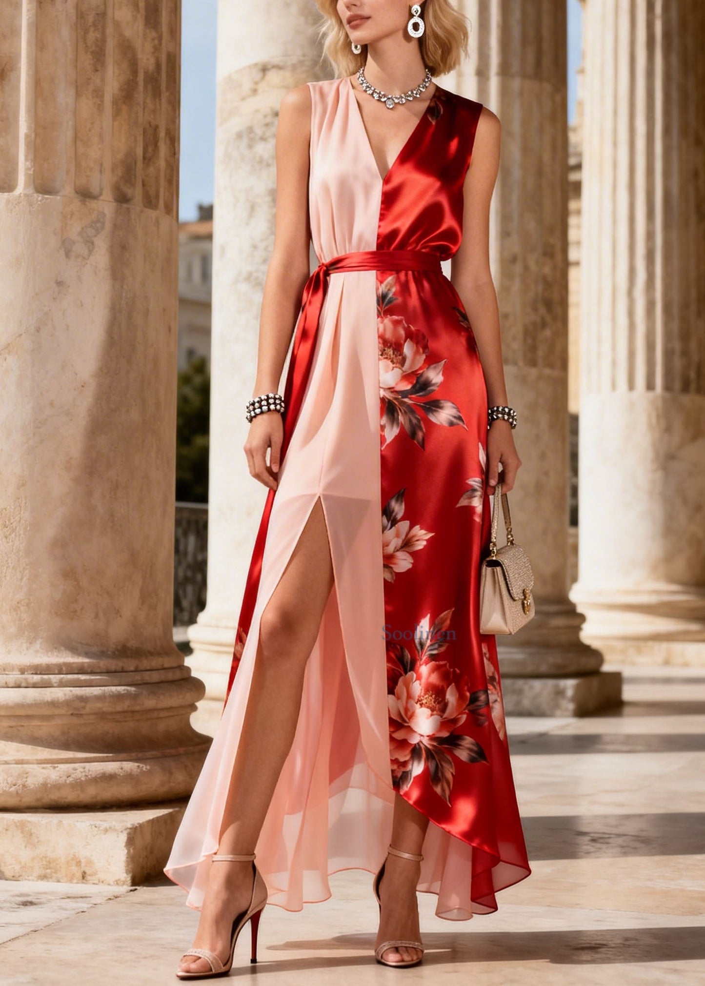 Chic Colorblock V Neck Asymmetrical Print Chiffon Dress Sleeveless