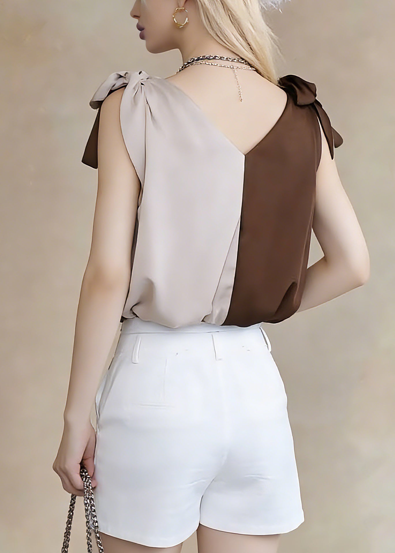 Chic Colorblock V Neck Tie Lace Top Sleeveless