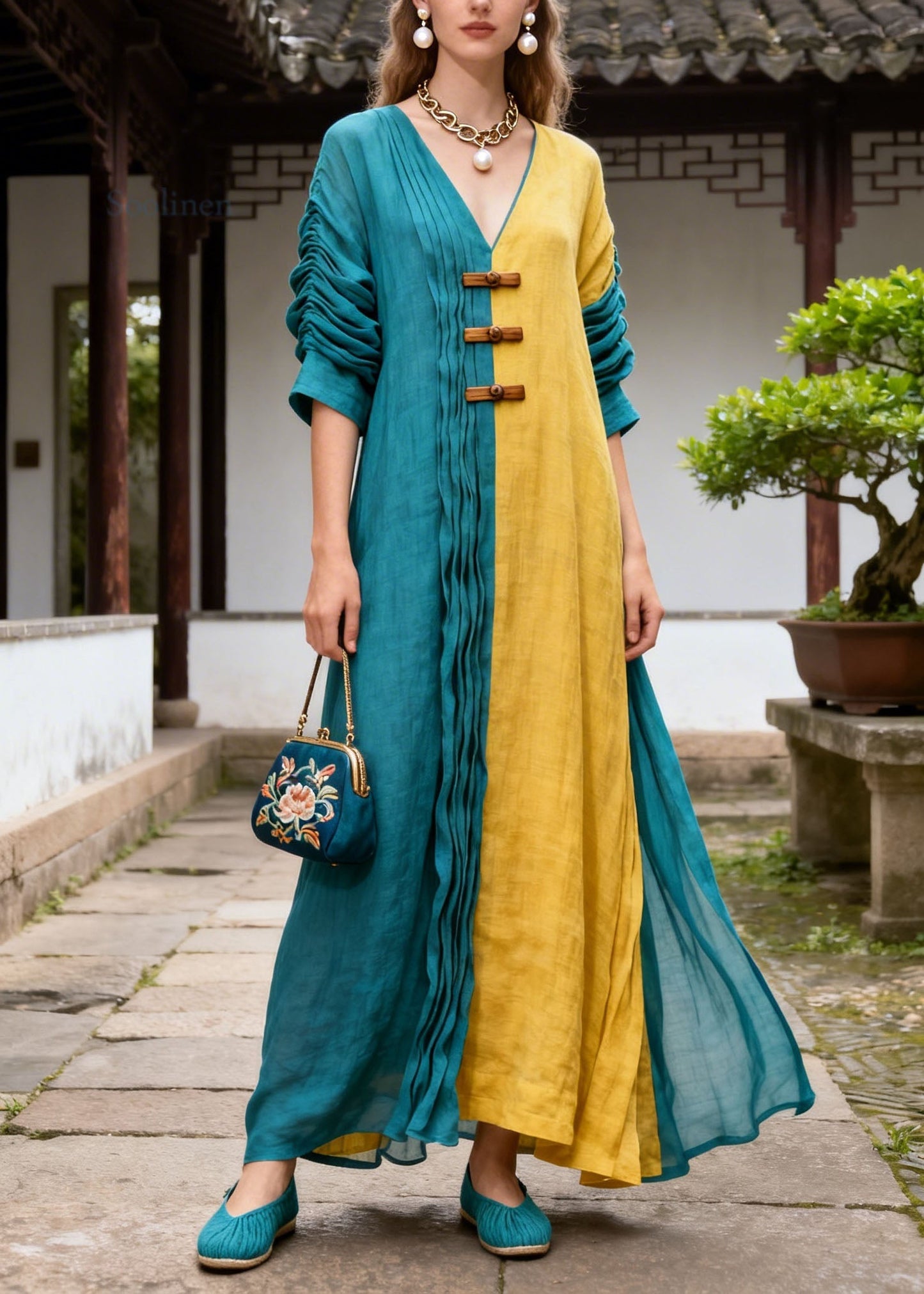 Chic Colorblock V Neck Wrinkled Patchwork Cotton Long Dress Summer