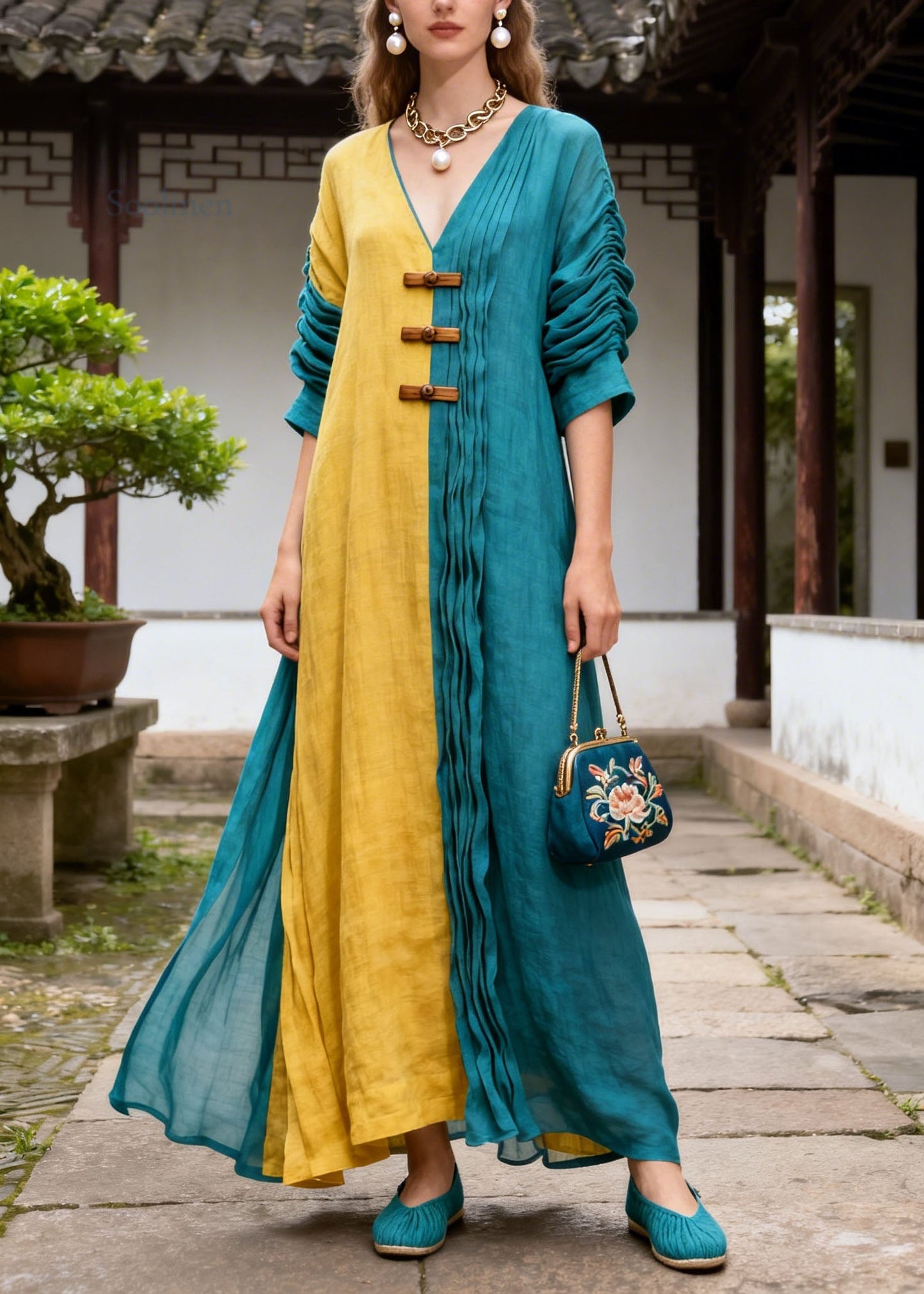 Chic Colorblock V Neck Wrinkled Patchwork Cotton Long Dress Summer