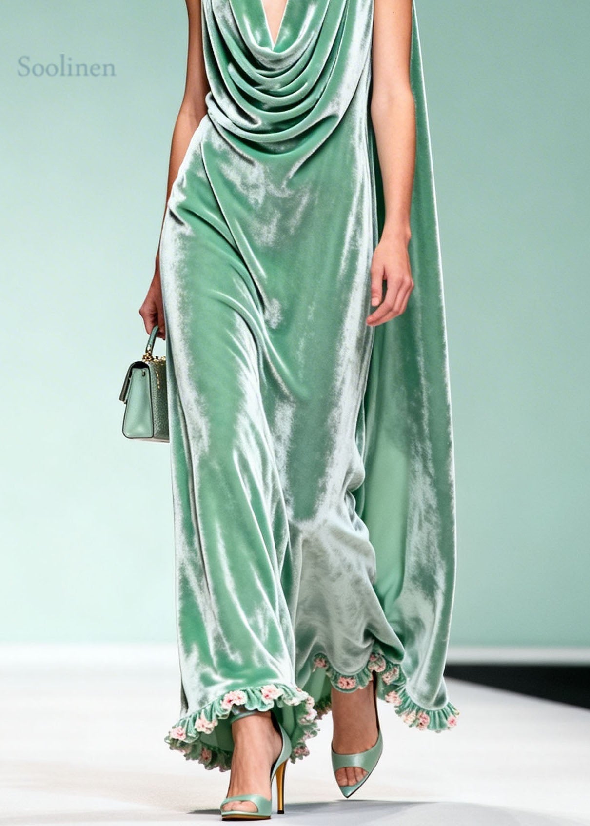 Chic Draped Neckline Ruffled Floral Patchwork Velvet Dress Sleeveless