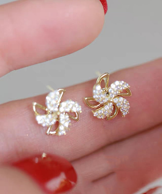 Chic Gold Copper Alloy Zircon A Spinning Windmill Stud Earrings