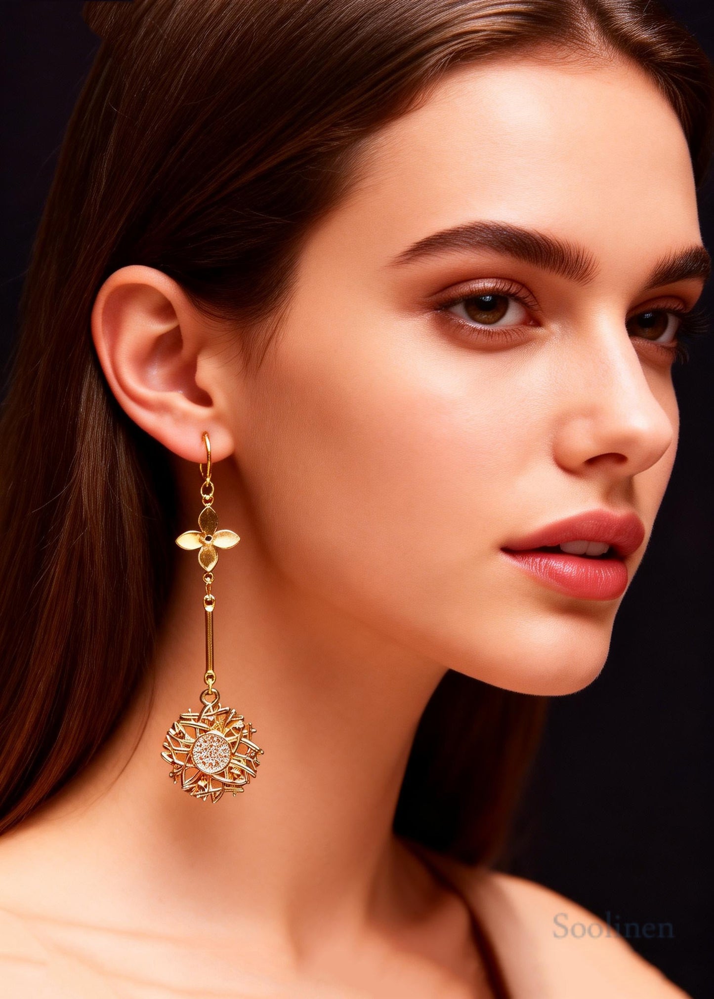 Chic Golden Sunflower Zircon Long Drop Earrings