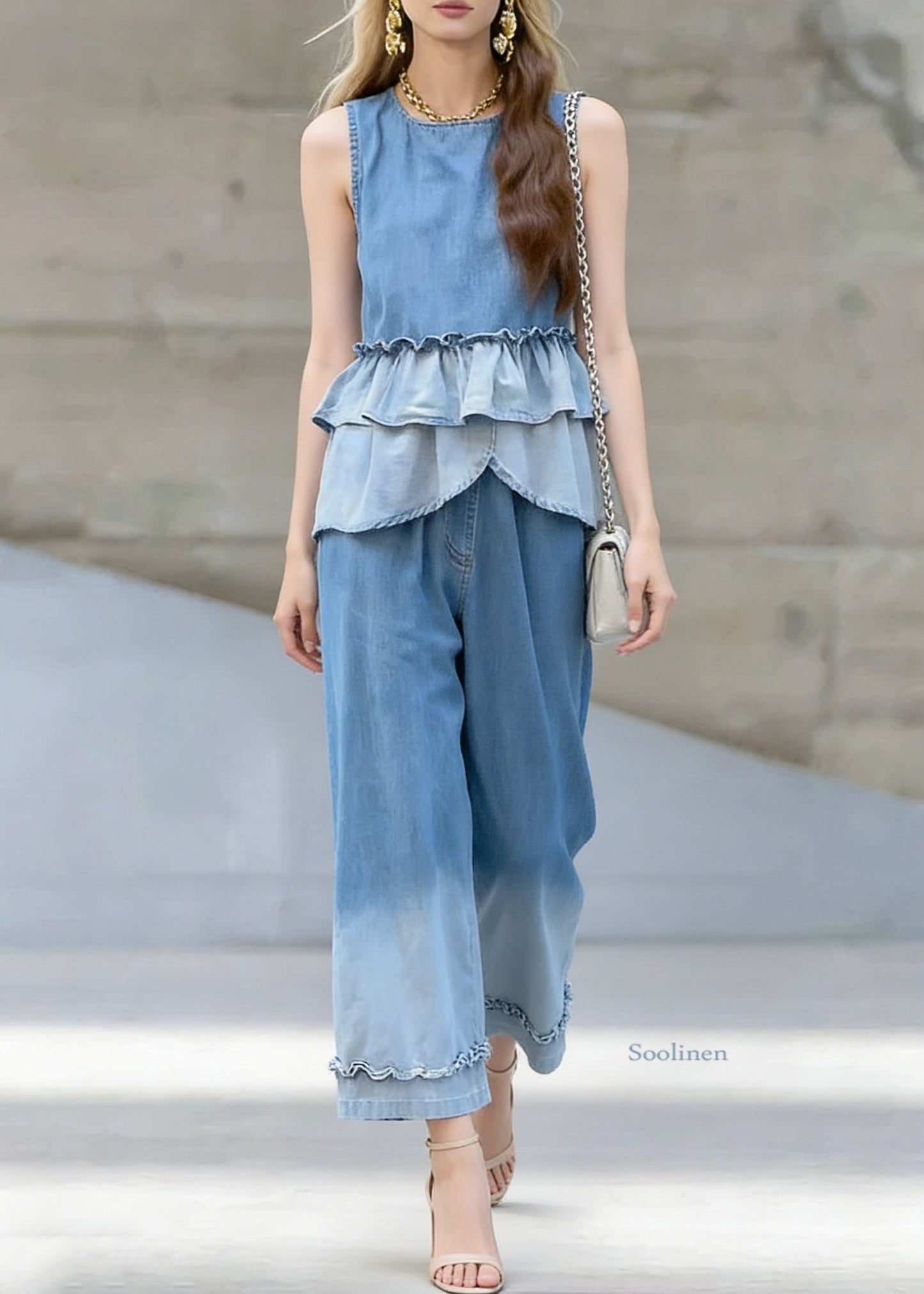 Chic Gradient Color Ruffled Patchwork Denim Two Pieces Set Sleeveless