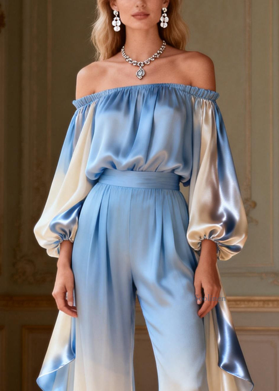 Chic Gradient Color Slash Neck Ruffled Silk Two Piece Set Spring