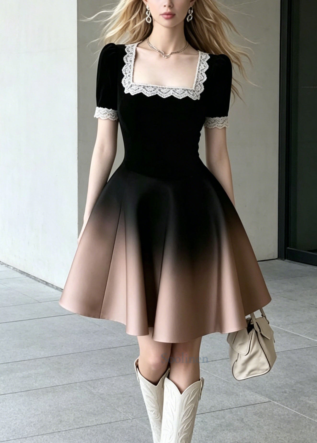 Chic Gradient Color Square Collar Lace Patchwork Cotton Dress Summer