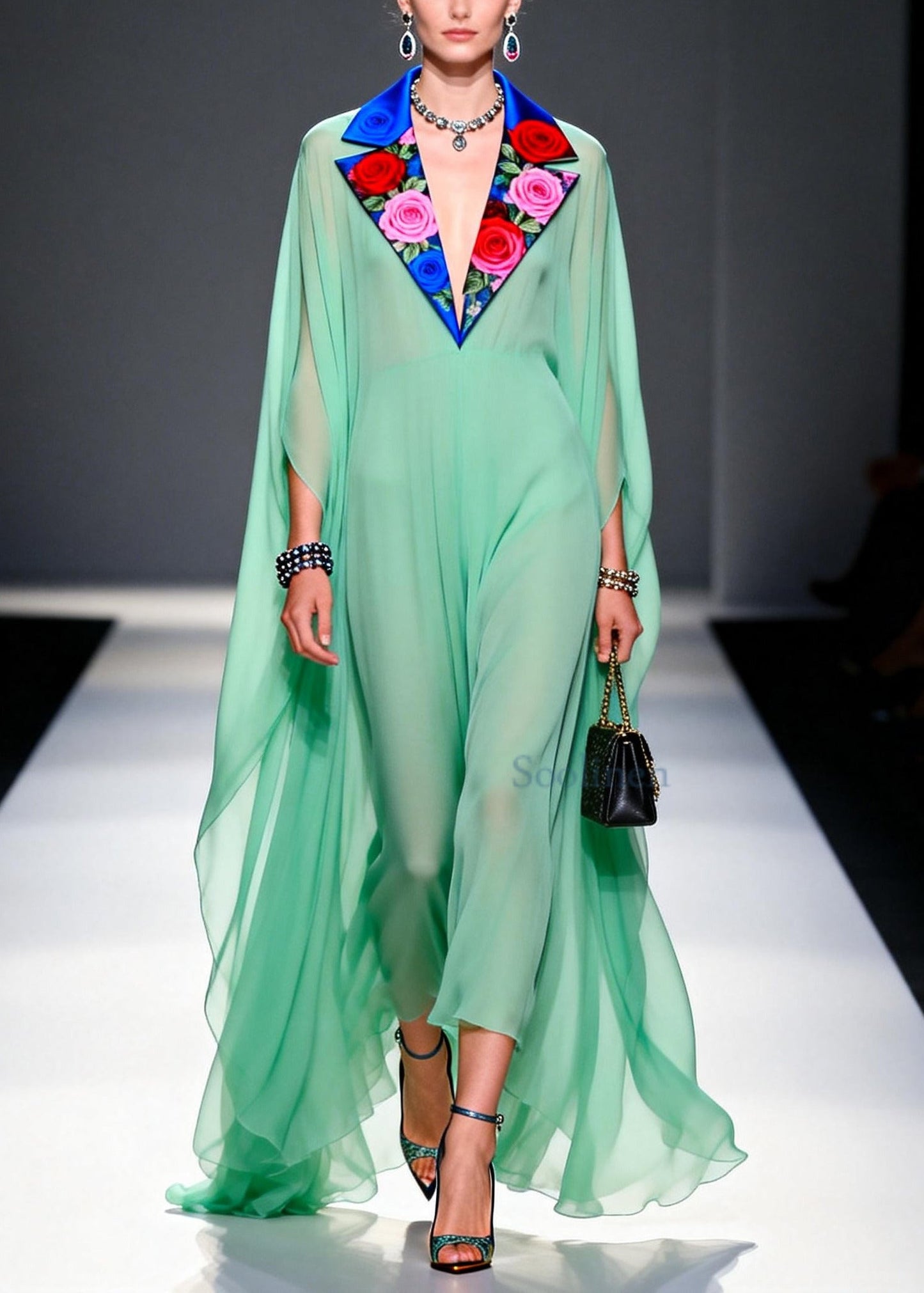 Chic Green Notched Patchwork Exra Large Hem Chiffon Dress Summer