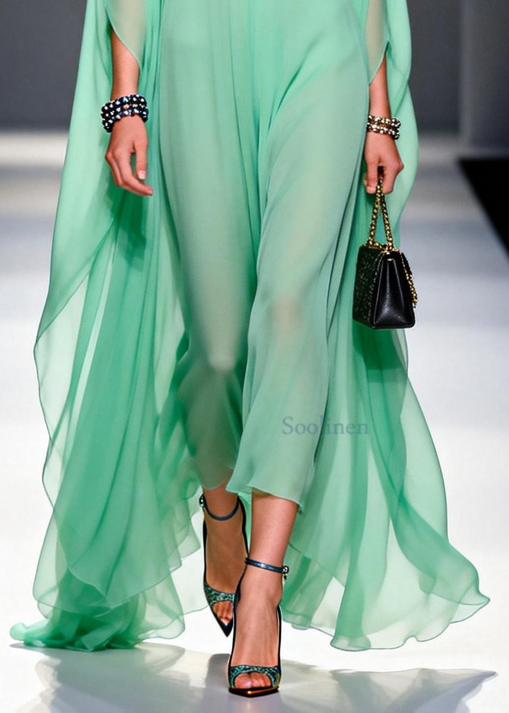Chic Green Notched Patchwork Exra Large Hem Chiffon Dress Summer