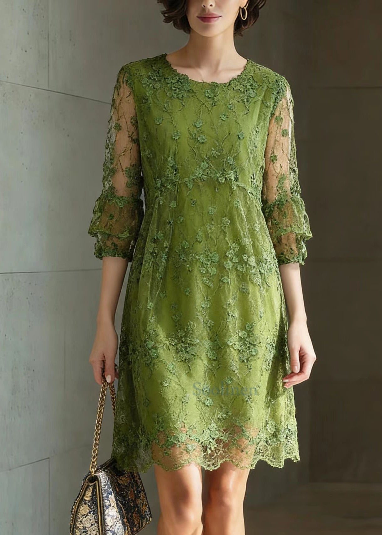 Chic Green O Neck Embroidered Patchwork Tulle Mid Dress Summer