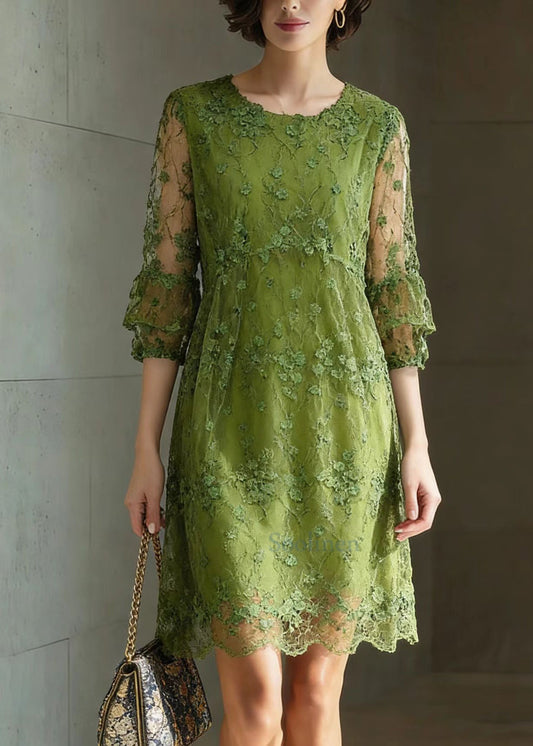 Chic Green O Neck Embroidered Patchwork Tulle Mid Dress Summer