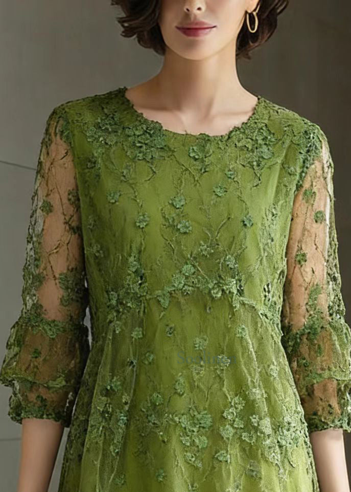 Chic Green O Neck Embroidered Patchwork Tulle Mid Dress Summer