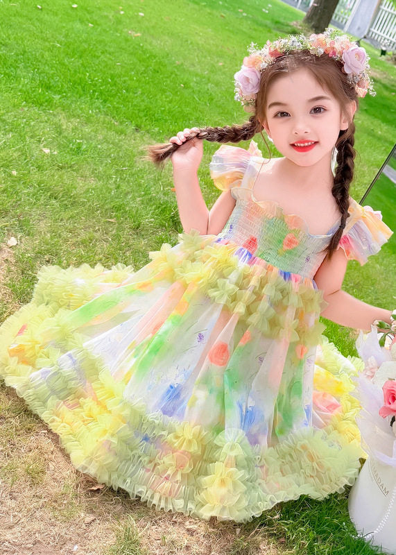 Chic Green Ruffled Print Tulle Kids Girls Long Dresses Summer
