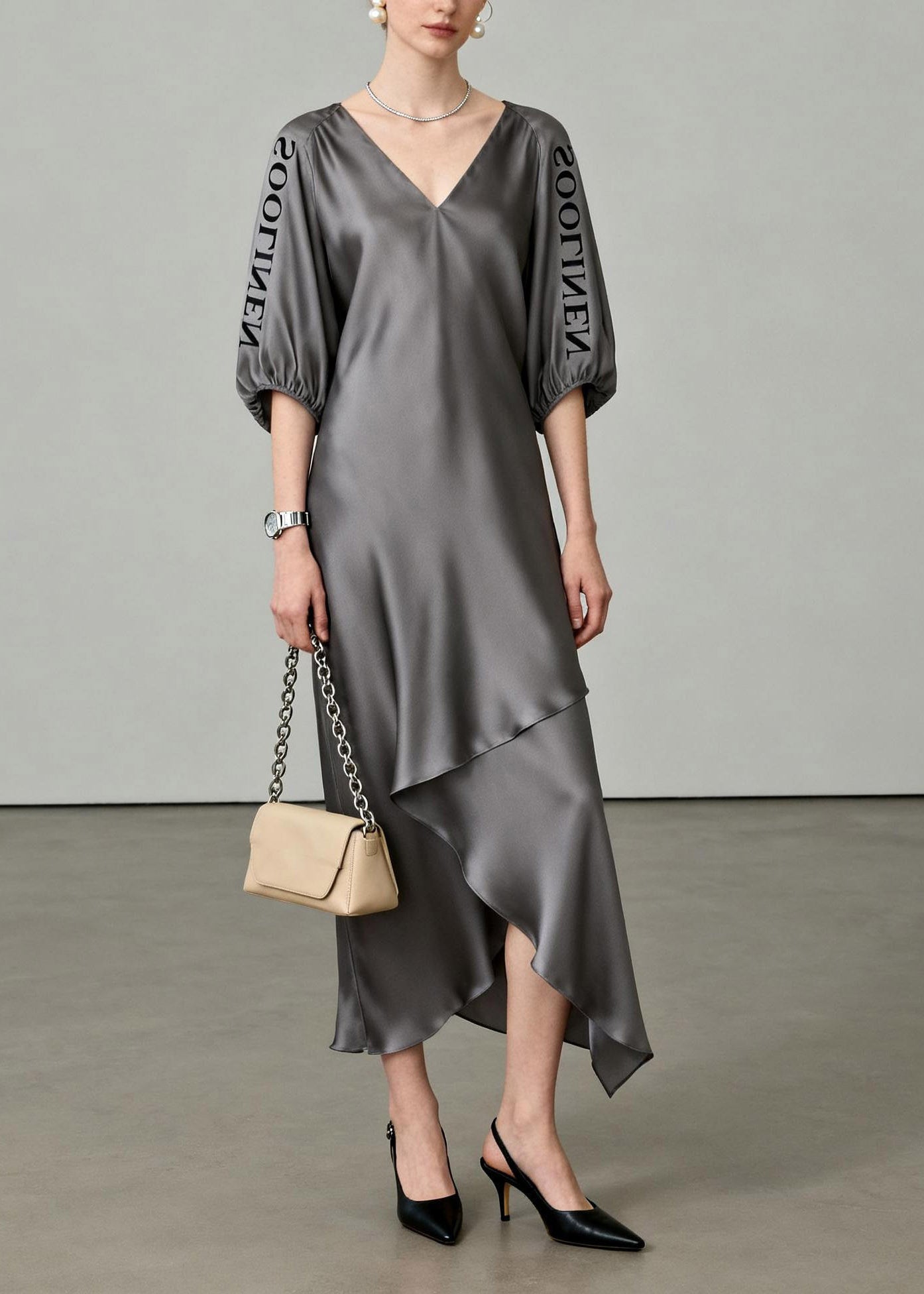 Chic Grey Asymmetrical Maxi Dresses V Neck LanterSleeve