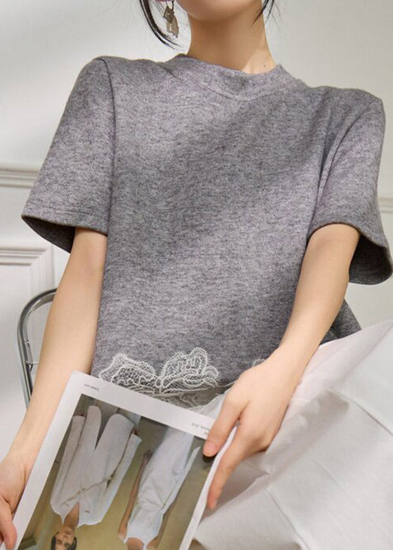 Chic Grey Lace Patchwork Top Short Sleeve