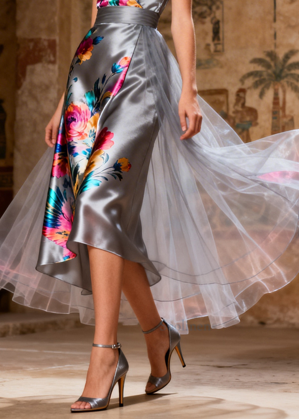 Chic Grey Patchwork Tulle Print Cami Dress Summer