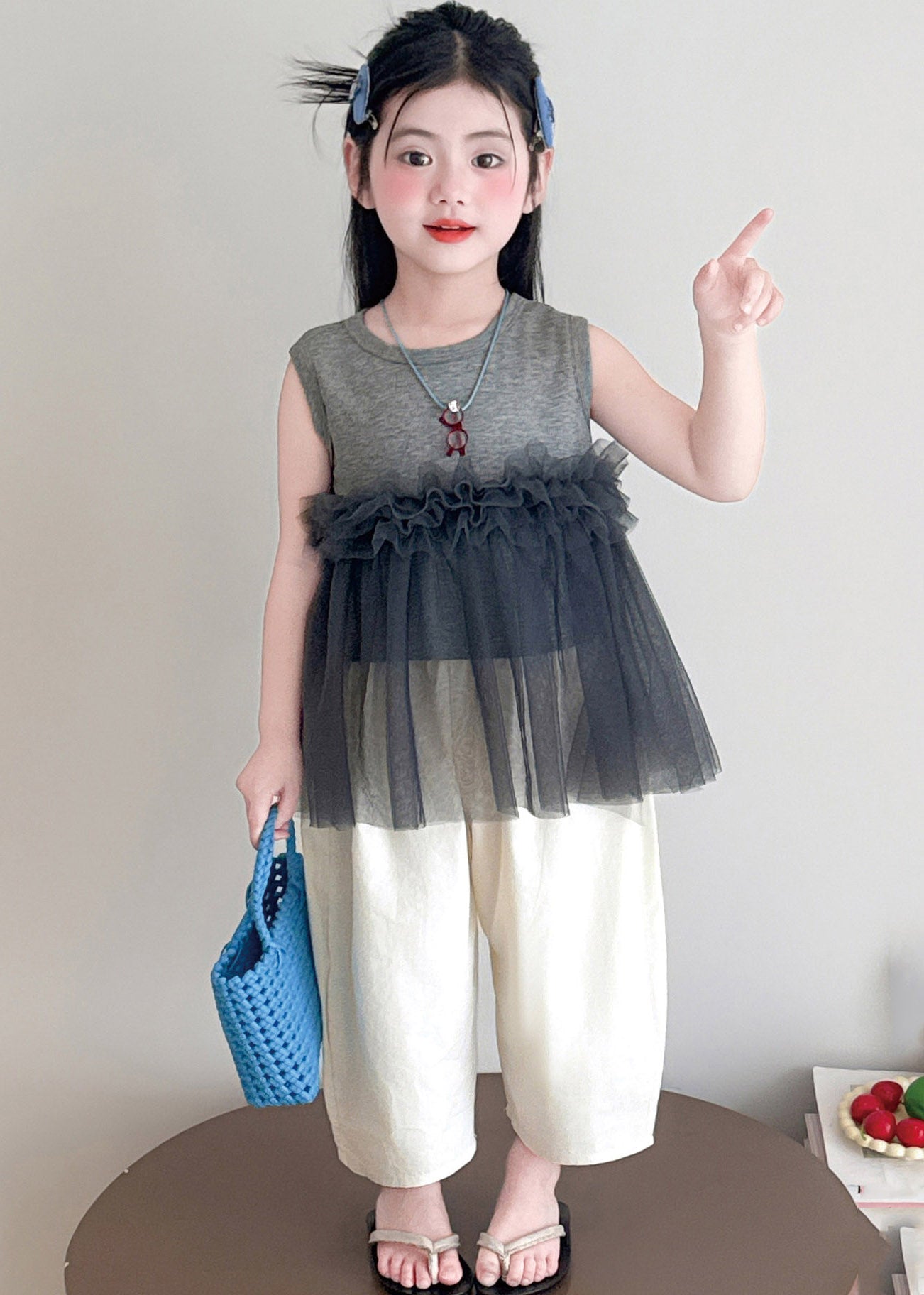 Chic Grey Tulle Patchwork Kids Top And Wide Leg Pants Two Pieces Set Sleeveless