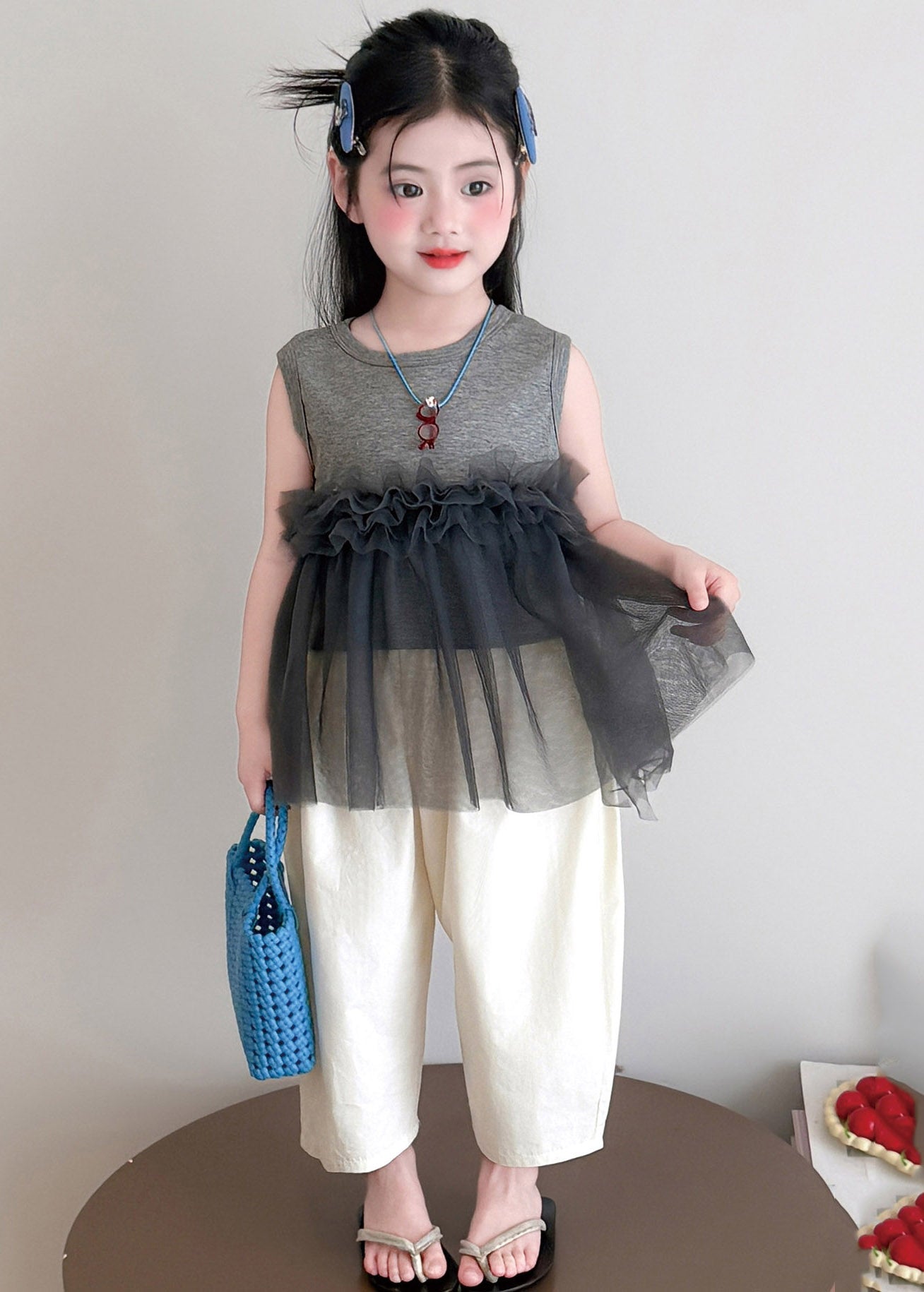 Chic Grey Tulle Patchwork Kids Top And Wide Leg Pants Two Pieces Set Sleeveless